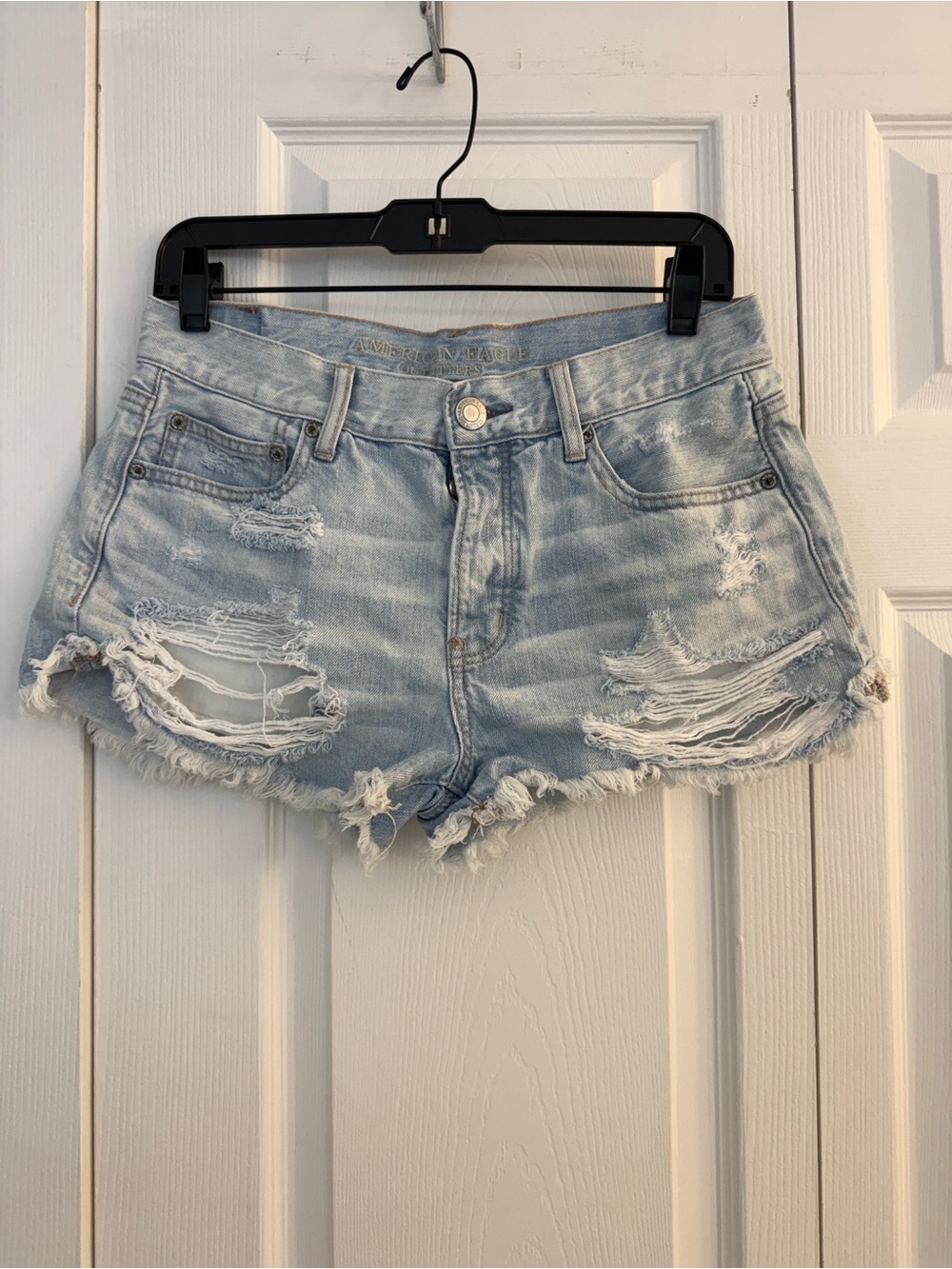 American Eagle Outfitters Tomgirl Shortie Shorts Light Blue Distressed Denim 6